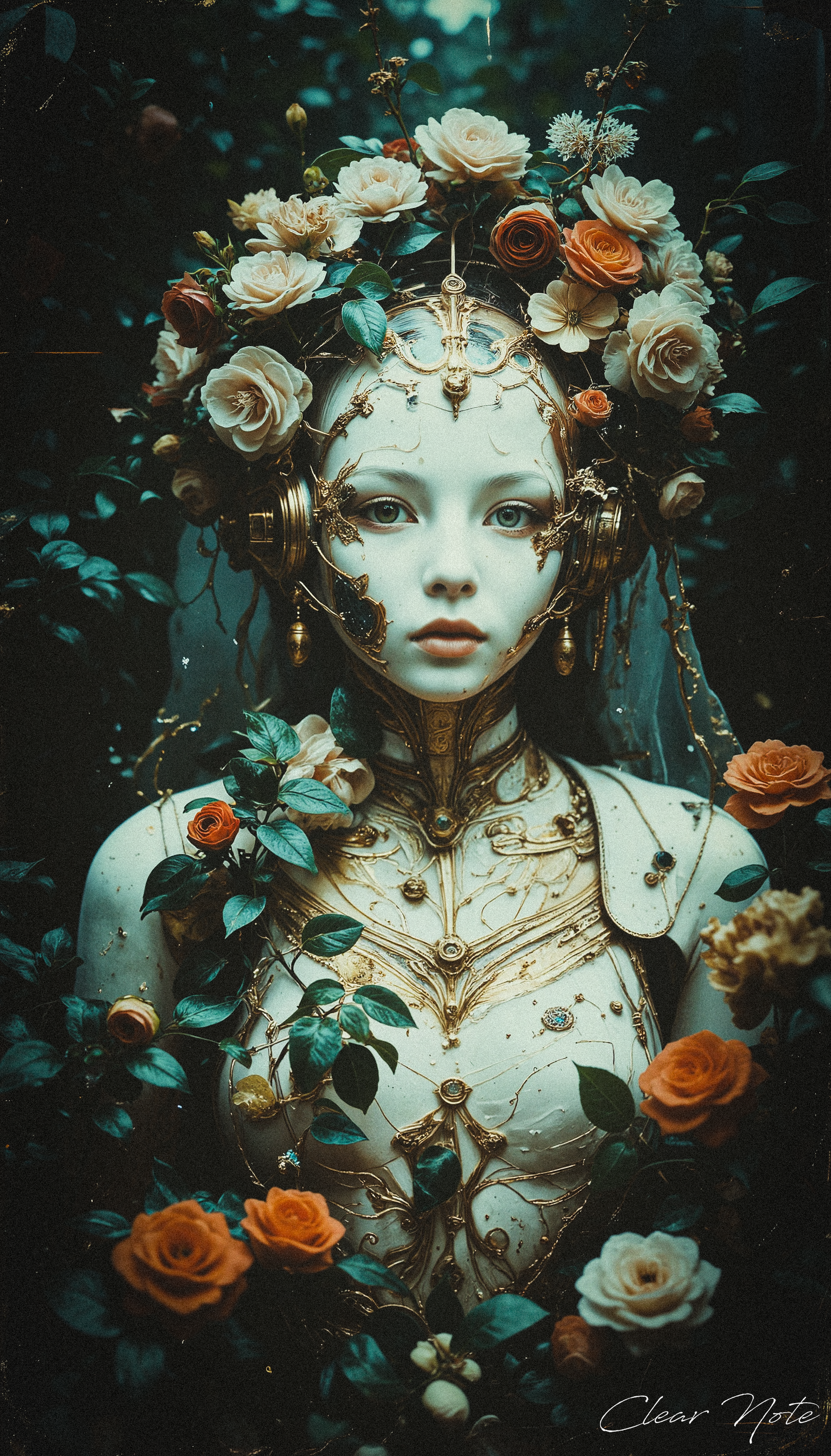 A flawlessly crafted white cyborg, adorned with cascading vines and blooming flowers, stands as a sublime fusion of nature and technology, radiating elegant mystique.