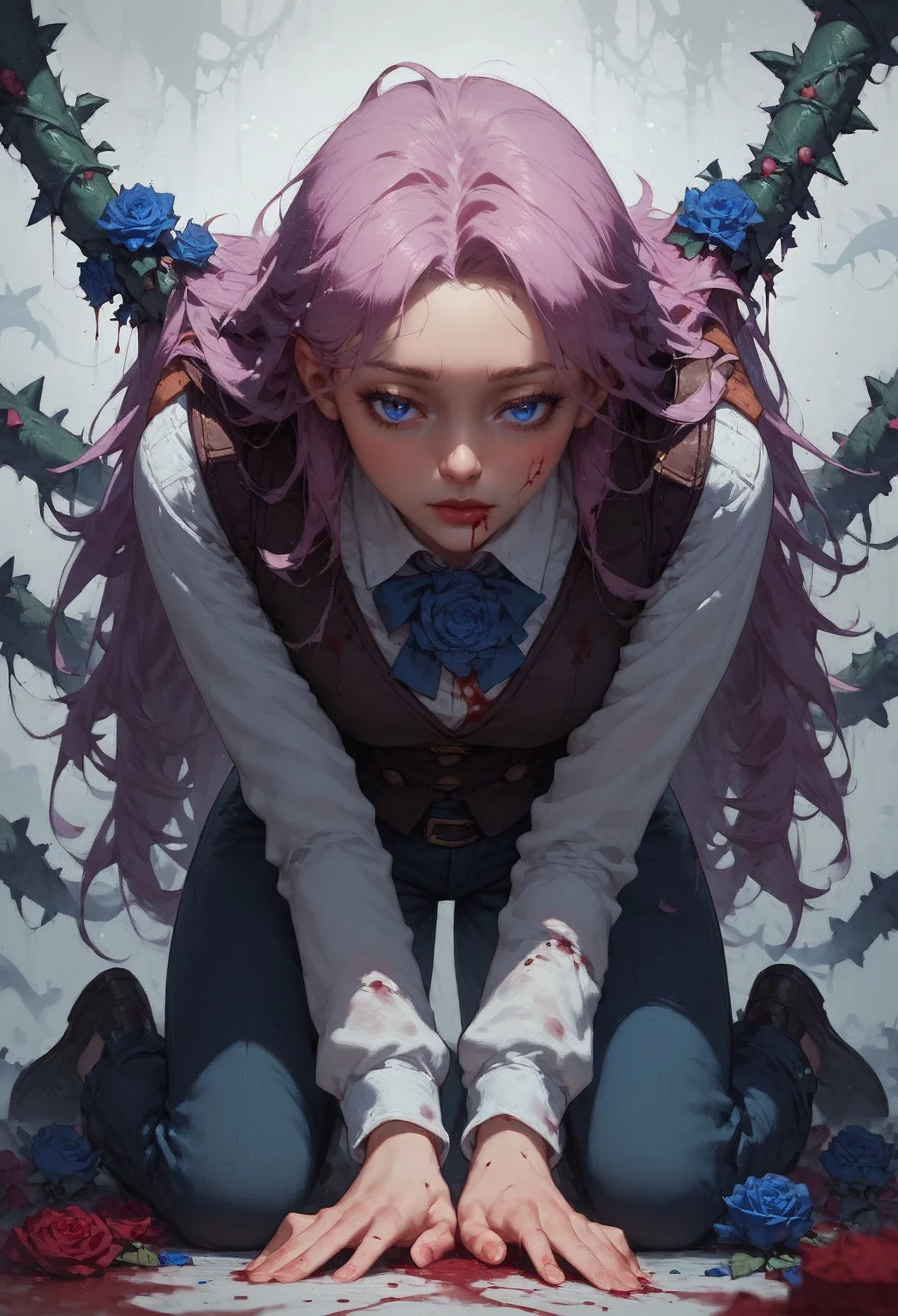 (score_9, score_8_up:1.1), score_7_up,  1girl, solo,blood, blood on clothes, blue flower, blue rose, flower, kneeling,long sleeves, pants, roses, shirt, thorns, vest, white background, white shirt, (thorns around body:1.2)  <lora:Expressive_H-000001> expressiveh <lora:Concept Art Twilight Style SDXL_LoRA_Pony Diffusion V6 XL:0.8> <lora:princess_xl_v2:0.7> <lora:sinfully_stylish_SDXL>
