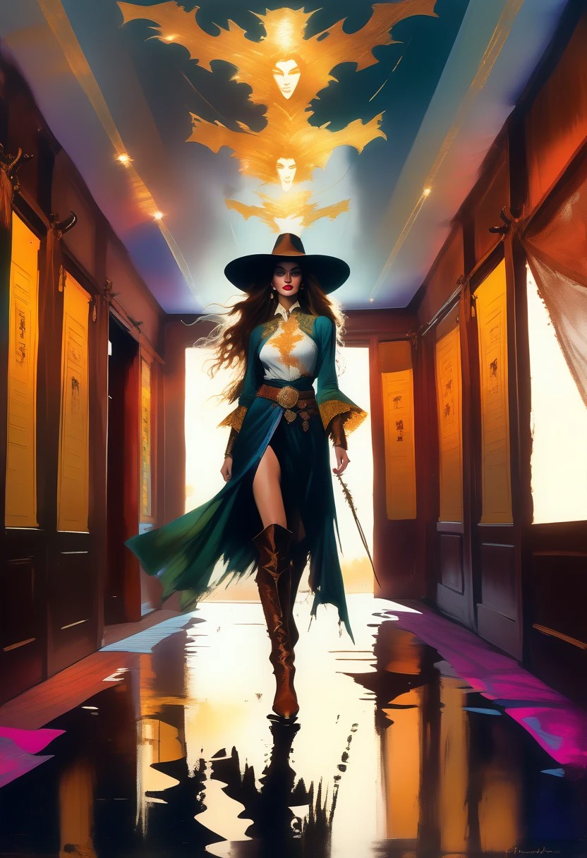 score_9, score_8_up, score_8_up, ((Cinematic composition)),((masterpiece)), (resplendent highlighting), 8k. Photorealistic
1girl, (full body). A stunningly beautiful elven girl walks through saloon doors. She’s wearing cowboy clothing on top of her elven garb. Bow on her back, quiver on her belt. Chaps, cowboy boots, Cowboy hat in her hand, (camera angle from below), deep rich colours, ((full body)) long hair, pointy ears. (resplendent spotlight on her face). Brilliant chaotic atmosphere.
Double exposure.
Ink, Charcoal and colourful oil pastels. impressionistic. faded watercolours (Klimt :1.2) dadaistic collage (by Bill Sienkiewicz:1.5), strikingly alluring face. brilliant spotlight effect. Vibrant thick dripping paint. Intense detail, realistic, dynamic shadows and contrasts. Matte and faded background colours. unreal parts, alluring, fluid, perfection, gothic. (Luminous skin dynamically spotlighted), Illustration, (klimt:0.8) (Bill Sienkiewicz:1.5). maximum detail, Chinese watercolor and ink technique. Gold leaf highlights.
<lora:xl_more_art-full_v1:0.4> <lora:epi_noiseoffset2:1>3