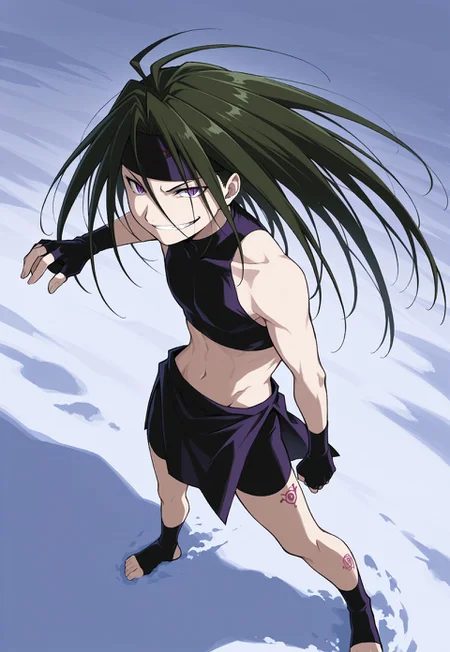 safe_pos, score_9, score_8_up, score_7_up, masterpiece, best quality, FMA_Envy, 1boy, male, solo, skinny, slim body type, long hair, green hair, purple eyes, (((slit pupils))), headband, crop top, bare shoulders, midriff, gloves, fingerless gloves, skirt, side slit, bike shorts under skirt, bike shorts, toeless legwear, leg tattoo,, tundra, snow, evil grin, fighting stance, from above, perspective