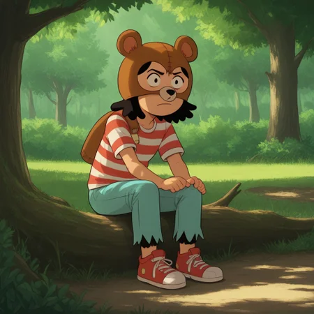 score_8, score_9, break,wildernessa_cotc, bear mask, striped shirt, sitting, outdoors, tree, natural lighting