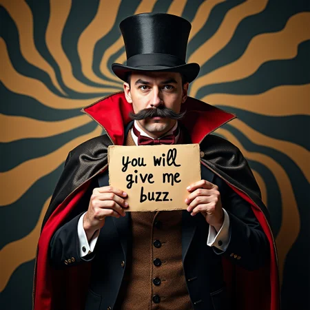 high quality, A magician with mustache and cape, Holding Up a sign with the words "you will give me buzz", beautiful masterpiece, wallpaper art, best, dynamic composition, magnificent, intense, perfect background, optical illusion background, hypnotizing the viewer