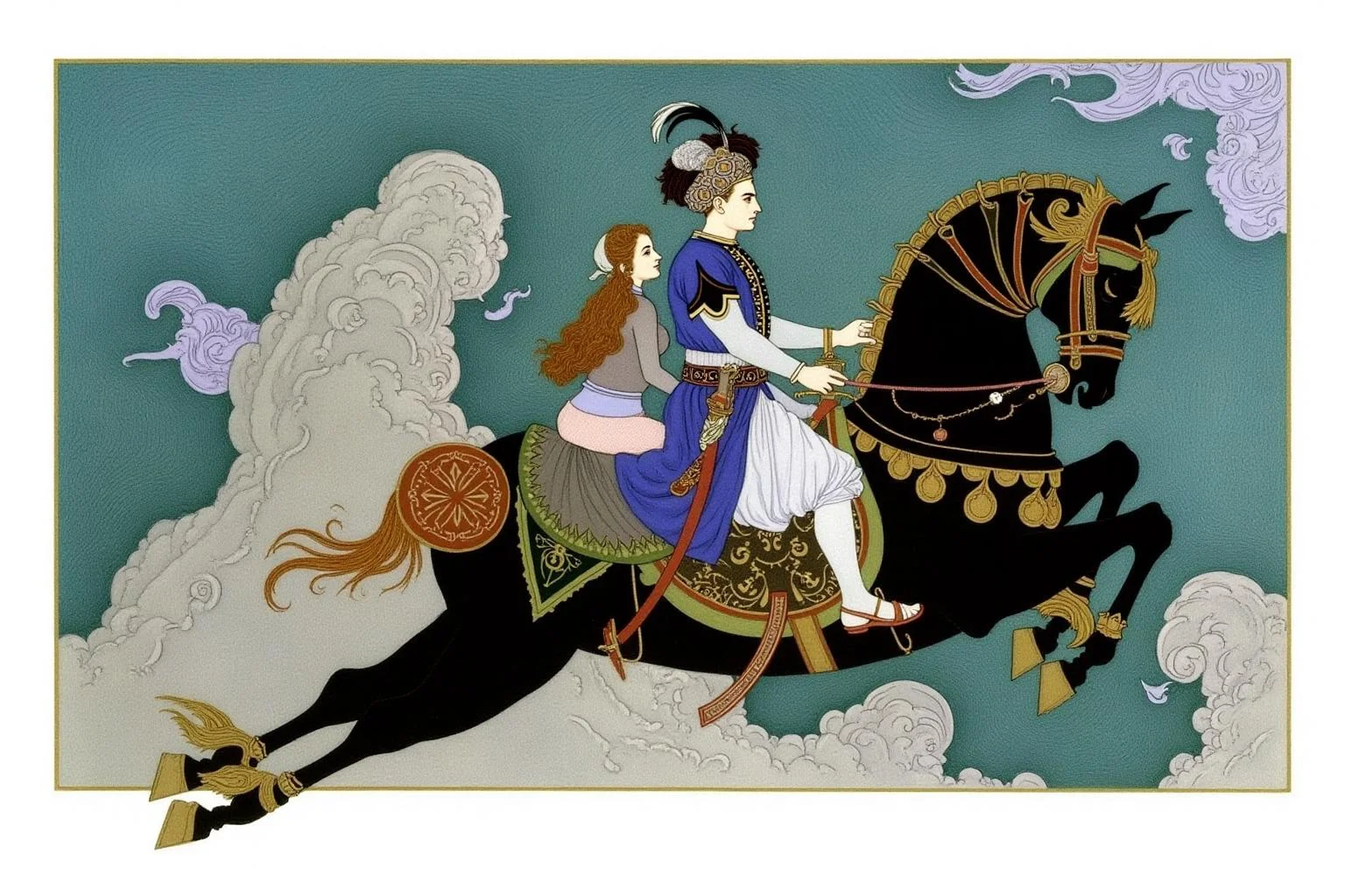 olgadugina1 illustration.
A man and a woman are riding a black flying horse. The man wears blue and white cloth with gold designs, an elaborate Ottoman turban, and carries a sword. Behind him sits a woman, holding on to the man's waist. The horse has gold and red accents and leaps over gray clouds. The background features stylized clouds in purple and white. White borders frame the scene. <lora:olgadugina2_cap_d6a3e9:1.0><lora:858118351291995523:0>