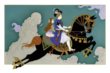 olgadugina1 illustration.
A man and a woman are riding a black flying horse. The man wears blue and white cloth with gold designs, an elaborate Ottoman turban, and carries a sword. Behind him sits a woman, holding on to the man's waist. The horse has gold and red accents and leaps over gray clouds. The background features stylized clouds in purple and white. White borders frame the scene. <lora:olgadugina2_cap_d6a3e9:1.0><lora:858118351291995523:0>
