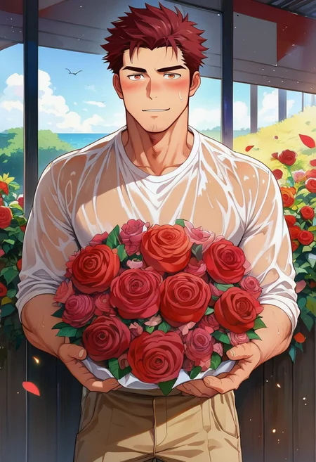 score_9, score_8, score_7_up, safe_content, source_anime, bara, (Valentine day), solo, 1man, cute face, masculine,muscular body, (student uniforms), at bus stop, standing, ((bring a bouquet of flowers, red rose bouquet)), heavy rain, thunderstorm, wet clothes, wet shirt, wet pants, wet face, handsome, blushing face, cheer up face, smile, pov get presents, BRAKE, 
Perfect formed anatomy, (perfect hands), perfect formed face, perfect eye, (masterpiece, best quality, high resolution), <lora:chabashira_Tatsukichi_manga_style:1.3>