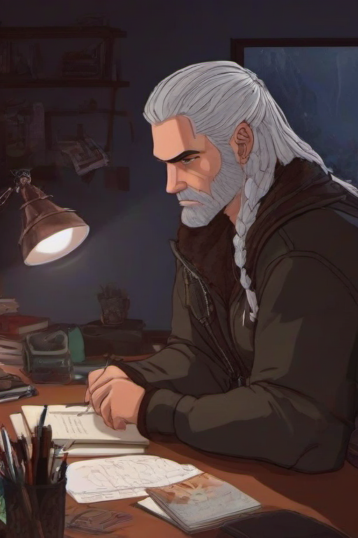 <lora:PE_LofiHipHop:0.8> PELofiHipHop,sitting at desk,
geralt the witcher