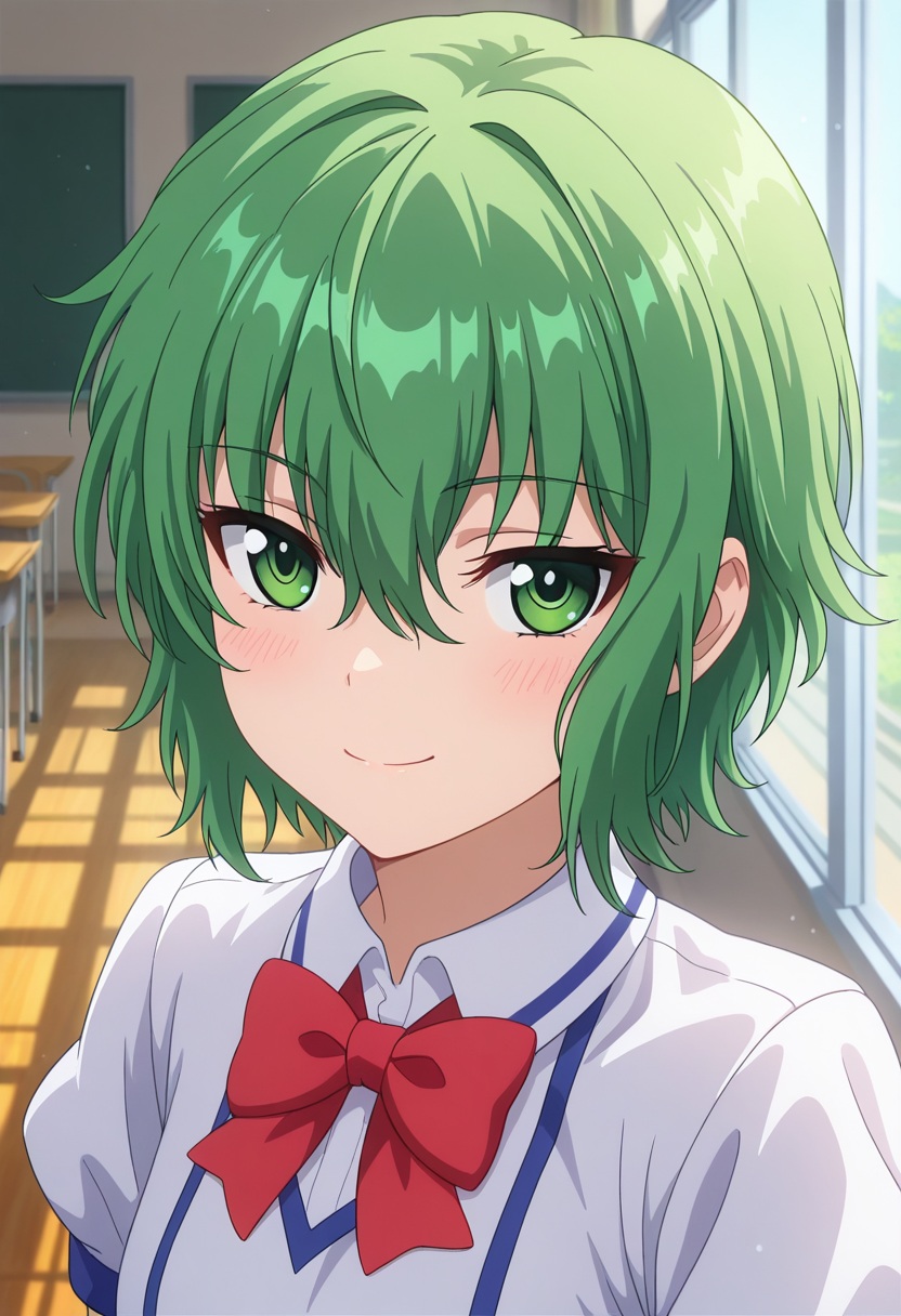 masterpiece, best quality, amazing quality, 1girl, solo, (portrait:1.2), koroneww, green eyes, green hair, short hair, bangs, hair between eyes, school uniform, red bowtie, white school shirt, short sleeves, looking at viewer, smile, indoors, day, skindentation, detailed clothing folds, depth of field, sharp, high contrast, dynamic light <lora:Korone_Ichiban_Ushiro_no_Daimaou_ill_v11:0.9>