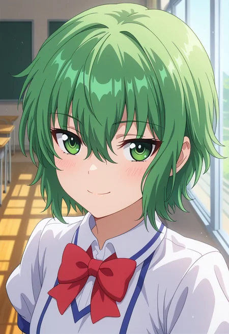 masterpiece, best quality, amazing quality, 1girl, solo, (portrait:1.2), koroneww, green eyes, green hair, short hair, bangs, hair between eyes, school uniform, red bowtie, white school shirt, short sleeves, looking at viewer, smile, indoors, day, skindentation, detailed clothing folds, depth of field, sharp, high contrast, dynamic light <lora:Korone_Ichiban_Ushiro_no_Daimaou_ill_v11:0.9>
