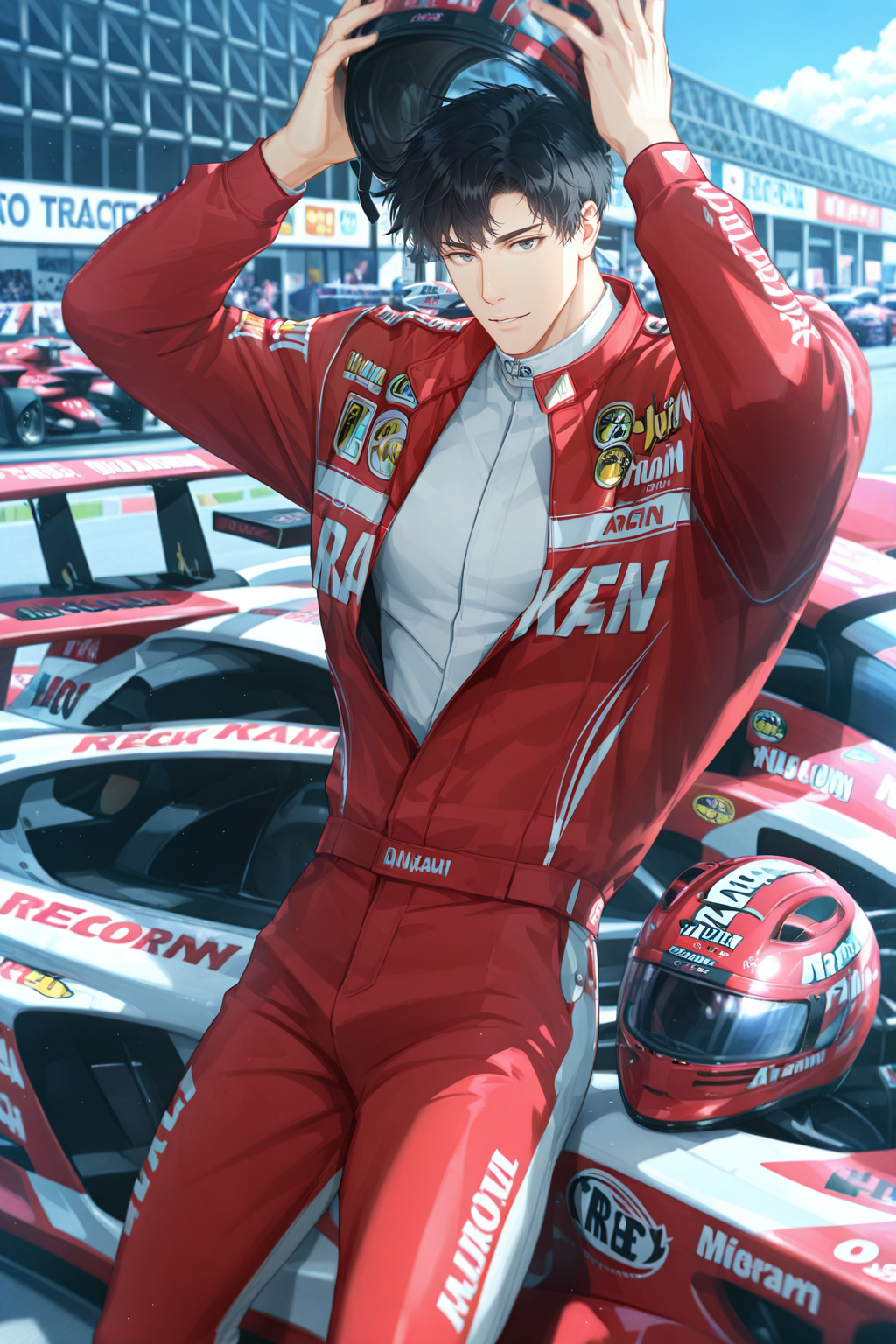 <lora:osborn-IL:0.8>,osborn,1boy, black hair, male focus, motor vehicle, race vehicle, jacket, pants, racecar, helmet, short hair, solo, holding, red pants, holding helmet, car, looking at viewer, red jacket, unworn headwear,bara,male focus,very awa,masterpiece,best quality,amazing quality,nsfw,uncersored,highres,best quality,amazing quality,best aesthetic,absurdres,