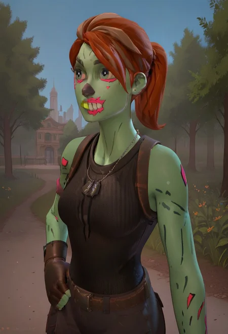 masterpiece,best quality, highly detailed, score_9, score_8_up, score_7_up, score_6_up, 
BREAK, 1girl, Gh0ulTr00per, green skin, boots, colored skin, gloves, ponytail, tank top, brown hair, tattoo, facepaint, necklace, jewelry, standing, park, outdoor, solo, half body, face focus