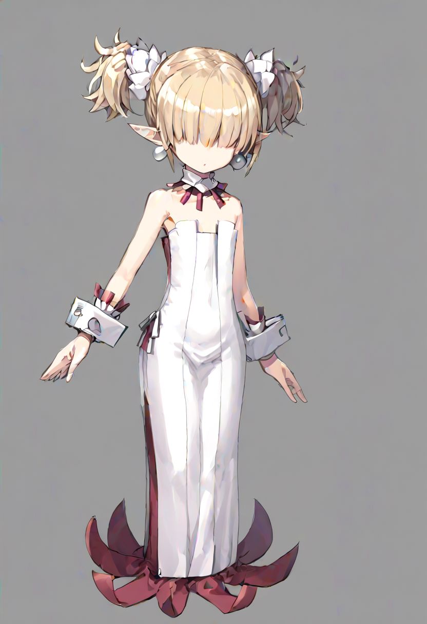 Clergy, flat chest, pointy ears, short twintails , hair over eyes ,blonde hair, bare shoulders, white strapless dress, wrist cuffs,wristband, neck brace, pearl earrings, or earrings, or small white earrings,
masterpiece, best quality, very aesthetic, absurdres, 1milf, 1adult, solo, full_body, tachi-e,