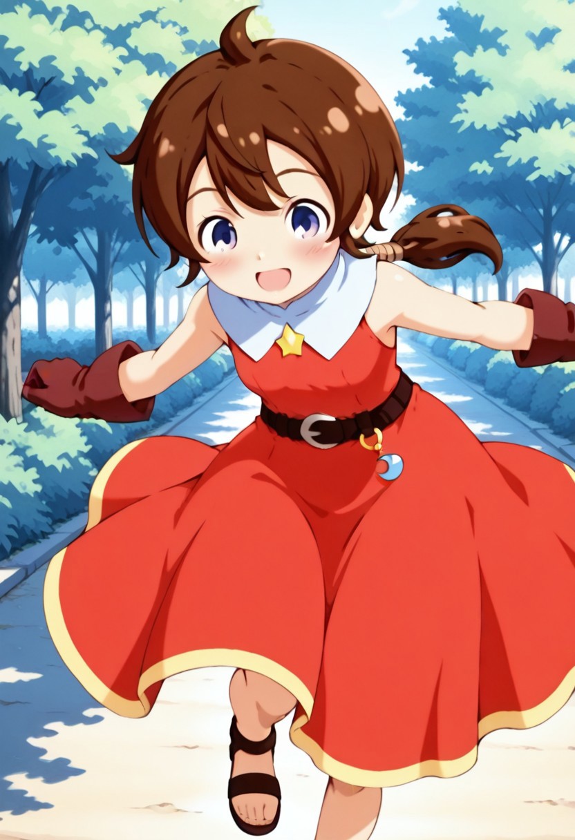 masterpiece,anime_coloring,anime_clothing,amazing_quality,Tokia_DMO, 1girl, solo,gloves, brown hair, (low ponytail),sleeveless,red dress, long dress,belt, Sandals, close-up face,open mouth,blush,smile,outdoor,dynamic pose,