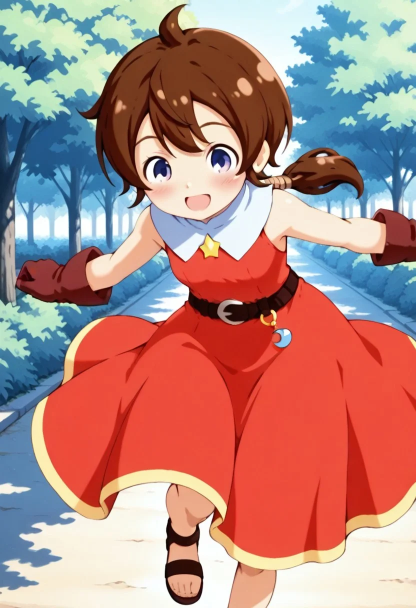 masterpiece,anime_coloring,anime_clothing,amazing_quality,Tokia_DMO, 1girl, solo,gloves, brown hair, (low ponytail),sleeveless,red dress, long dress,belt, Sandals, close-up face,open mouth,blush,smile,outdoor,dynamic pose,