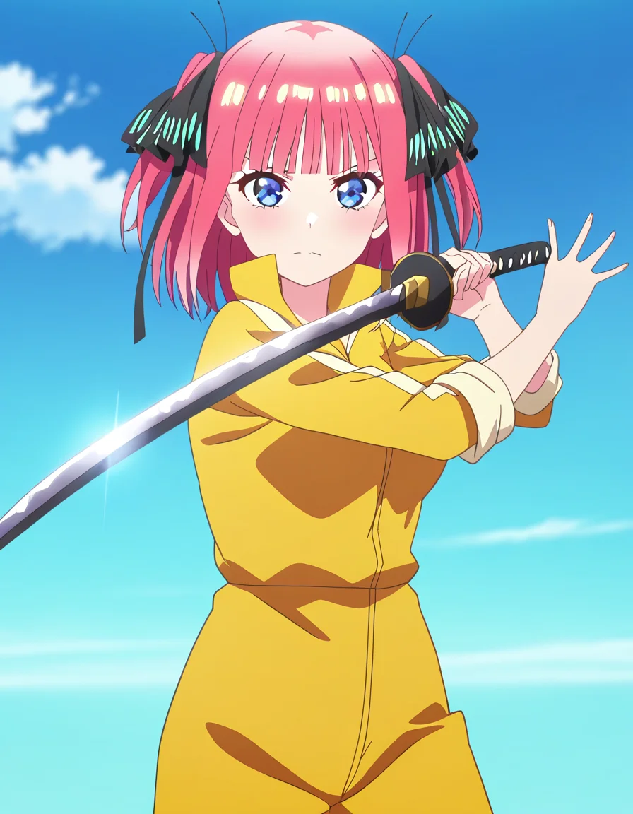 masterpiece, best quality, newest, absurdres, highres, safe,, <lora:nnakano-s2-ponyxl-lora-nochekaiser:1>, short hair, bangs, blue eyes, hair ornament, hair ribbon, pink hair, blunt bangs, two side up, butterfly hair ornament, large breasts, anime screencap,, <lora:sword-guard-stance-illustriousxl-lora-nochekaiser:1>, sword guard stance, sword, weapon, solo, katana, holding, holding weapon, holding sword, looking at viewer, jumpsuit, yellow jumpsuit, high collar, cowboy shot, pants,, ,