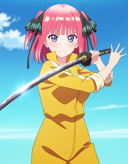 masterpiece, best quality, newest, absurdres, highres, safe,, <lora:nnakano-s2-ponyxl-lora-nochekaiser:1>, short hair, bangs, blue eyes, hair ornament, hair ribbon, pink hair, blunt bangs, two side up, butterfly hair ornament, large breasts, anime screencap,, <lora:sword-guard-stance-illustriousxl-lora-nochekaiser:1>, sword guard stance, sword, weapon, solo, katana, holding, holding weapon, holding sword, looking at viewer, jumpsuit, yellow jumpsuit, high collar, cowboy shot, pants,, ,