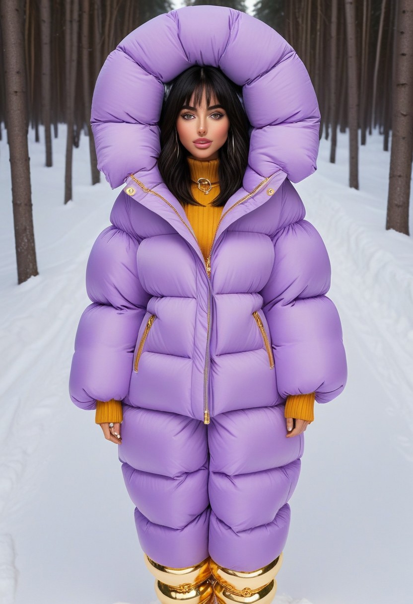 ((((puffer padded jacket)))), ((((puffer padded coat)))), ((((full body)))), ((((fur boots)))), ((((puffer pants)))), ((((puffer hood up)))), winter, snow, forest, 1girl, solo, (masterpiece), detailed face, detailed eyes, (beautiful detailed eyes:1.5), sidelighting, (super detail, hyper detail, intricate_details, detailed), (semi realistic:1.6), (Bob cut), blunt bangs,(black hair), (purple eyes, eyelashs), tanned skin, smug smile, angry face, Golden jewelery, golden rings, golden necklace, golden armlets, golden chains, padded cuffs, padded collar, Thick padded cuffs, Thick padded collar, <lora:Collar-SDXL:0.6>, <lora:Cuffs-SDXL:0.6>, <lora:Puffer_Jacket_and_Down_Jacket_-_Extra_Puffy_Jackets:0.4>, <lora:snowpants_v1:0.4>