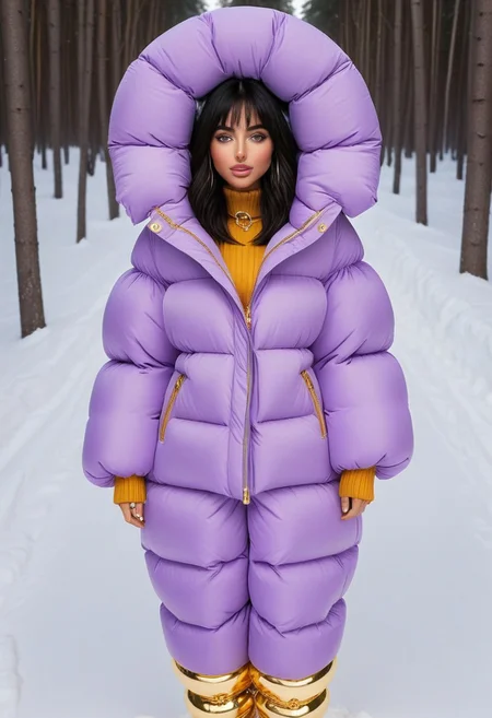 ((((puffer padded jacket)))), ((((puffer padded coat)))), ((((full body)))), ((((fur boots)))), ((((puffer pants)))), ((((puffer hood up)))), winter, snow, forest, 1girl, solo, (masterpiece), detailed face, detailed eyes, (beautiful detailed eyes:1.5), sidelighting, (super detail, hyper detail, intricate_details, detailed), (semi realistic:1.6), (Bob cut), blunt bangs,(black hair), (purple eyes, eyelashs), tanned skin, smug smile, angry face, Golden jewelery, golden rings, golden necklace, golden armlets, golden chains, padded cuffs, padded collar, Thick padded cuffs, Thick padded collar, <lora:Collar-SDXL:0.6>, <lora:Cuffs-SDXL:0.6>, <lora:Puffer_Jacket_and_Down_Jacket_-_Extra_Puffy_Jackets:0.4>, <lora:snowpants_v1:0.4>