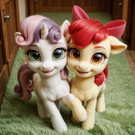 score_9, score_8_up, score_7_up, 2_ponies, (duo), (Sweetie Belle), (Applebloom, (seen from above, cute smile, looking at viewer), in rural cottage, green carpet, long eyelashes, big eyes, small body, cute