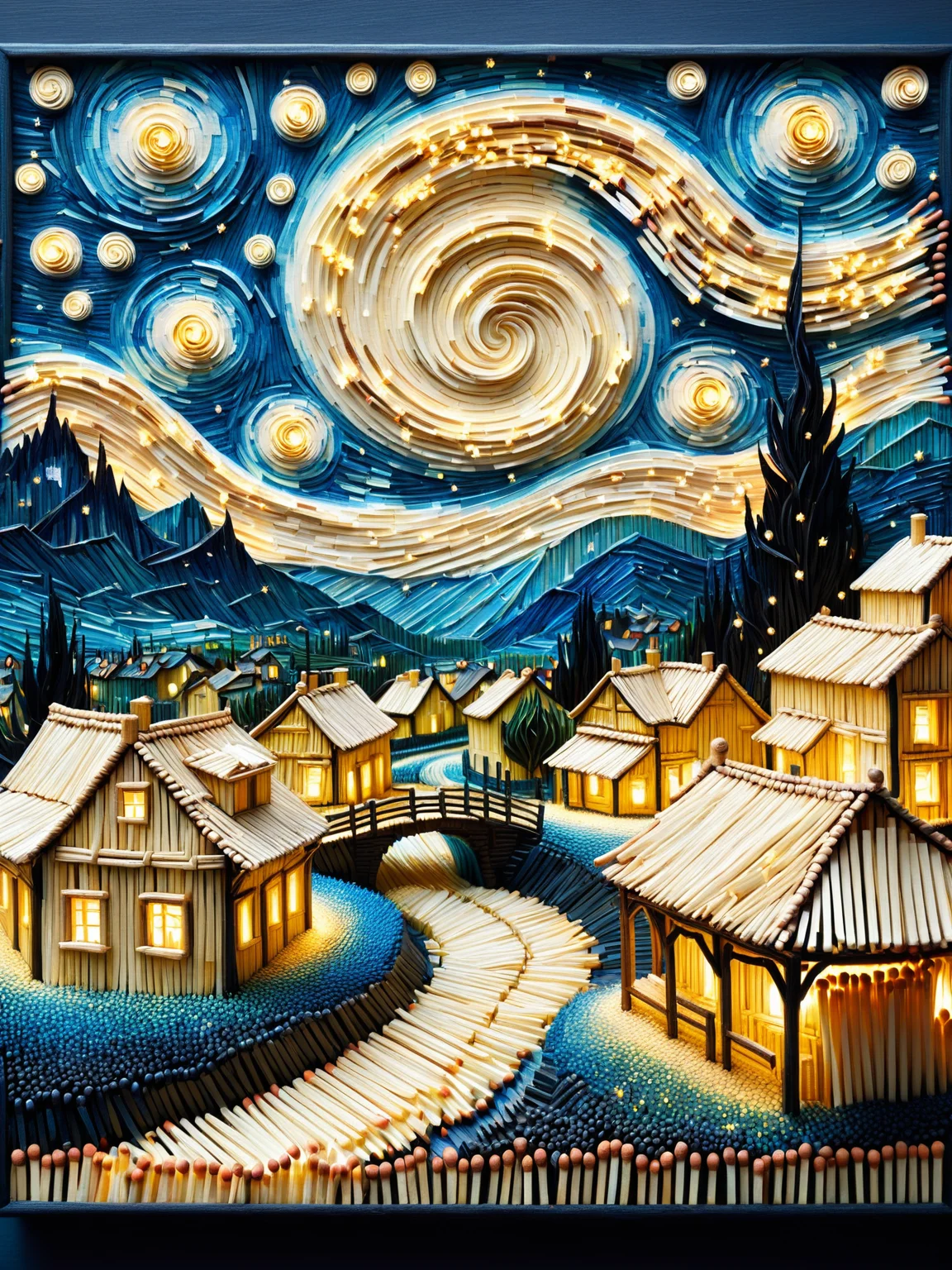 A detailed recreation of Van Gogh's Starry Night, with swirling skies and a sleepy village, all crafted from ais-matches <lora:Matches_Style_SDXL:1>
