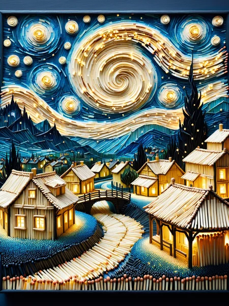 A detailed recreation of Van Gogh's Starry Night, with swirling skies and a sleepy village, all crafted from ais-matches <lora:Matches_Style_SDXL:1>