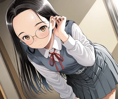 masterpiece, best quality, amazing quality, , 1girl, solo, looking at viewer, black hair, long hair, forehead, brown eyes, glasses, neck ribbon, red ribbon, white collared shirt, gray blue sweater vest, gray blue skirt, pleated skirt, gray blue belt, <lora:Tsukiyoshi Hiroki style ILL-v2:1> tsukiyoshihiroki