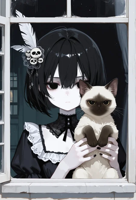 masterpiece, best quality, good quality, very awa, very aesthetic, absurdres, newest, painterly, 1girl, solo, black hair, bob cut, hair between eyes, feather hair ornament, black eyes, solid eyes, expressionless, pale skin, goth fashion, frilled dress, square neckline, detached collard,lace trim, hands up, nail polish, holding cat, animal, Siamese cat, grumpy cat, portrait, straight on, window, from outside
