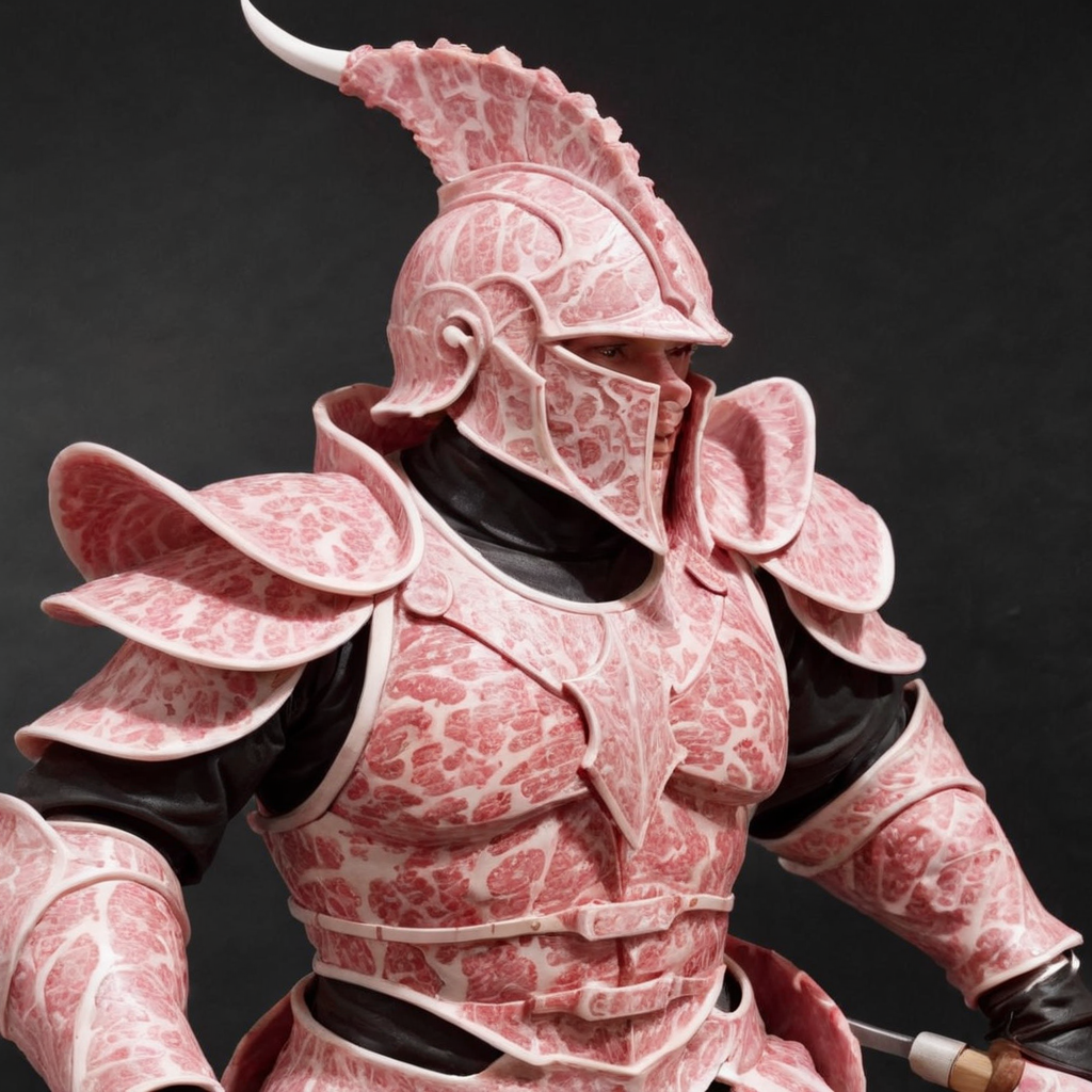 Imagine a unique armor, meticulously crafted not from metal or leather, but from layers of meat. This armor should have the texture and appearance of fresh, marbled meat, with intricate patterns of fat woven throughout. The meat's natural red and pink hues should dominate, with glistening fat adding a touch of shine. The armor should be designed to fit the human body perfectly, with sections for the chest, arms, and legs, all molded from meat. The overall look should be both formidable and organic, with the meat's texture providing a tactile, almost living quality to the armor. The armor should be presented in a setting that emphasizes its uniqueness, perhaps with a backdrop of a medieval battlefield or a blacksmith's forge,<lora:jpbeef:0.55>