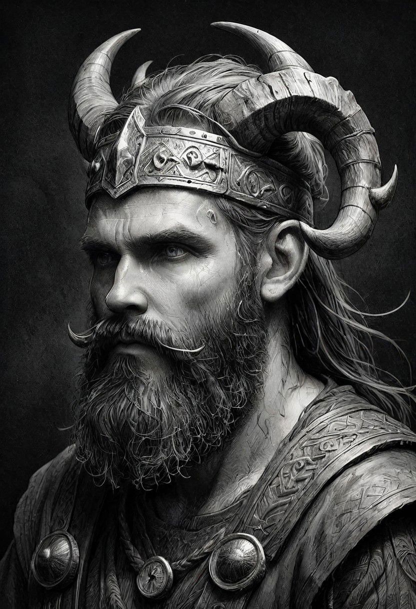 a black and white drawing of a bearded man with horns, norse god, male god svarog portrait, viking god, by Roman Bezpalkiv, by Tadeusz Pruszkwski, by Nikola Avramov, tuomas korpi and wlop, greybeard, painted portrait of rugged odin, 0 fantasy proto-slavic mythology, INK ART