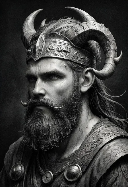 a black and white drawing of a bearded man with horns, norse god, male god svarog portrait, viking god, by Roman Bezpalkiv, by Tadeusz Pruszkwski, by Nikola Avramov, tuomas korpi and wlop, greybeard, painted portrait of rugged odin, 0 fantasy proto-slavic mythology, INK ART