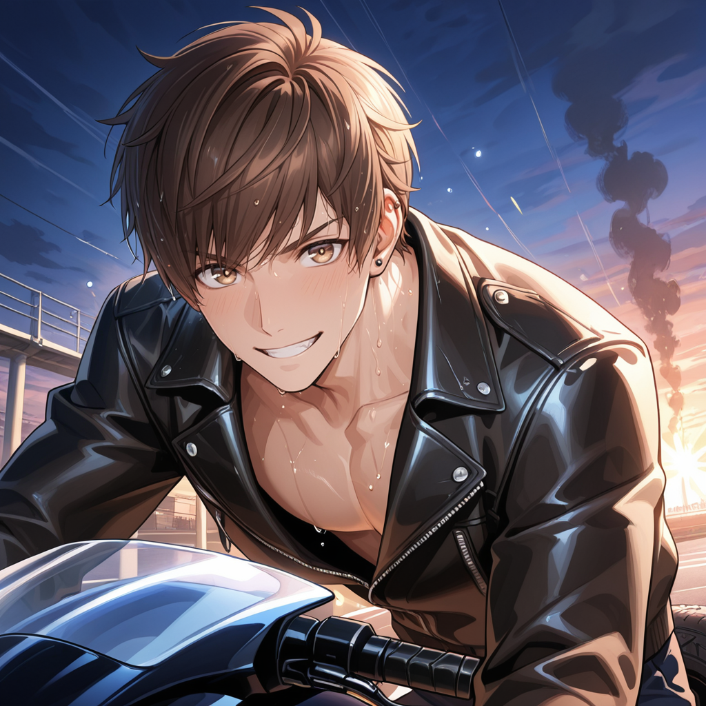 1 boy, Male focus, Love_Gavin, Love_Gavin_short_chestnut_brown_hair, Love_Gavin_light_brown_eyes, piercing, ear_piercing, thrill_seeker_spirit_surging, adrenaline_dilated_pupils, cocky_grin_with_teeth_bared:1.4, riding_sleek_black_motorcycle, leaning_into_drifting_turn:1.6, dynamic_pose_with_knee_scraping_ground_and_body_tilted_sharply, leather_jacket_slick_with_rain, Love_Gavin_scar_on_neck, wet_clothes_clinging_to_body, smooth_skin_with_sweat_drops_and_rain_streaks, one_hand_gripping_throttle_tightly, highway_at_dusk_with_oil_slicks_and_fading_sun, chrome_details_on_bike_gleaming, sparks_flying_from_boot, hair_plastered_to_forehead_in_wind, close_up_on_tensed_jaw_and_sweaty_neck, cinematic_dutch_angle, golden_headlights_cutting_through_dusk, soft_lighting_on_cheekbones, warm_glow_on_body, Masterpiece, amazing_quality, absurdres, newest, high_detail, ultra_high_quality_8k, cinematic_depth, BREAK, tire_screech_lines, smoke_trails_rising, speed_lines, detailed_background
 <lora:LoveProducer_Gavin:0.8> <lora:NoNameStyleVPRED10:0.6> nonamestyle <lora:Style_4k-data_lora_webui:1>