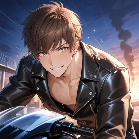 1 boy, Male focus, Love_Gavin, Love_Gavin_short_chestnut_brown_hair, Love_Gavin_light_brown_eyes, piercing, ear_piercing, thrill_seeker_spirit_surging, adrenaline_dilated_pupils, cocky_grin_with_teeth_bared:1.4, riding_sleek_black_motorcycle, leaning_into_drifting_turn:1.6, dynamic_pose_with_knee_scraping_ground_and_body_tilted_sharply, leather_jacket_slick_with_rain, Love_Gavin_scar_on_neck, wet_clothes_clinging_to_body, smooth_skin_with_sweat_drops_and_rain_streaks, one_hand_gripping_throttle_tightly, highway_at_dusk_with_oil_slicks_and_fading_sun, chrome_details_on_bike_gleaming, sparks_flying_from_boot, hair_plastered_to_forehead_in_wind, close_up_on_tensed_jaw_and_sweaty_neck, cinematic_dutch_angle, golden_headlights_cutting_through_dusk, soft_lighting_on_cheekbones, warm_glow_on_body, Masterpiece, amazing_quality, absurdres, newest, high_detail, ultra_high_quality_8k, cinematic_depth, BREAK, tire_screech_lines, smoke_trails_rising, speed_lines, detailed_background
<lora:LoveProducer_Gavin:0.8> <lora:NoNameStyleVPRED10:0.6> nonamestyle <lora:Style_4k-data_lora_webui:1>