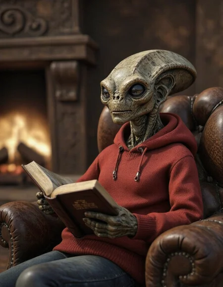 Alien reading a book while sitting next to a fireplace in leather chair,red sweatshirt,detailed face,detailed background,cinematic atmosphere,(hyperdetailed photography:1.3),epic,awardwinning,masterpiece,beautiful detailed,sharp focus,35nm dof,bokeh,raytracing,octane render,trending on artstation,<lora:fractal3d-v1:1.3>