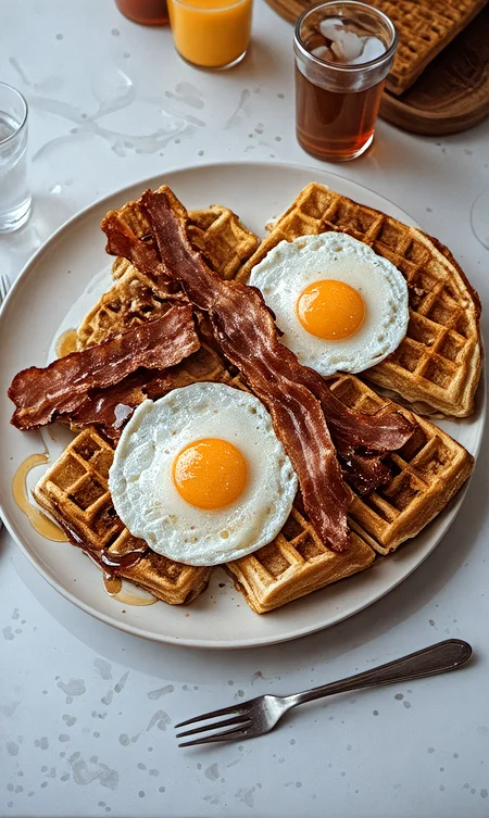 macro photography,breakfast plate with bacon, eggs, waffles,syrup,fork,utensils,glass of ice water
