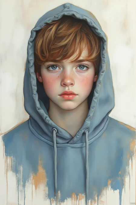 OBxiaoxiang,
A medium-sized portrait of a young boy with brown hair and blue eyes. The boy's eyes are a piercing blue
and he's wearing a light blue hooded sweatshirt with a hood over it. His eyebrows are a darker shade of brown
and his lips are a lighter shade of pink. He is standing in front of a white wall that has a rough texture. The wall is a light beige color
and there is a rough rough texture on the wall behind the boy.