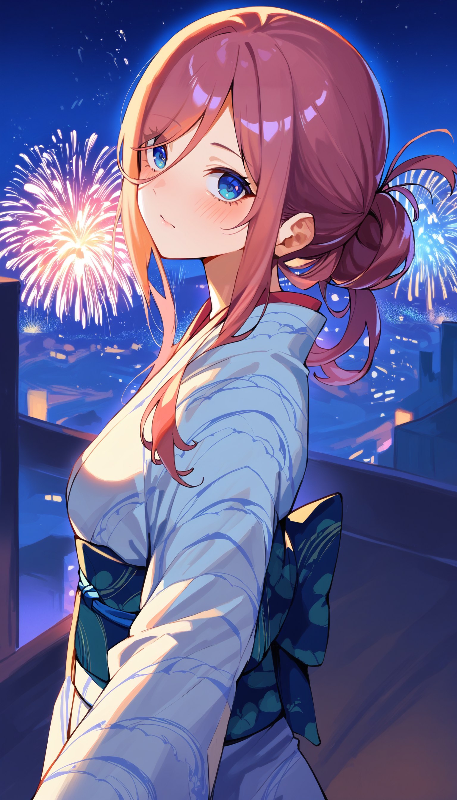 score_9, score_8_up, score_7_up, score_6_up, source anime,
kumipnxl, nakano miku, 1girl, blue eyes, long hair, hair up, print kimono, obi ,
long sleeves, looking at viewer, blush, from side,
outdoors, night, on rooftop, skyline, fireworks,
masterpiece, best quality, very aesthetic, absurdres
<lora:quintessential_quintuplets:1>
