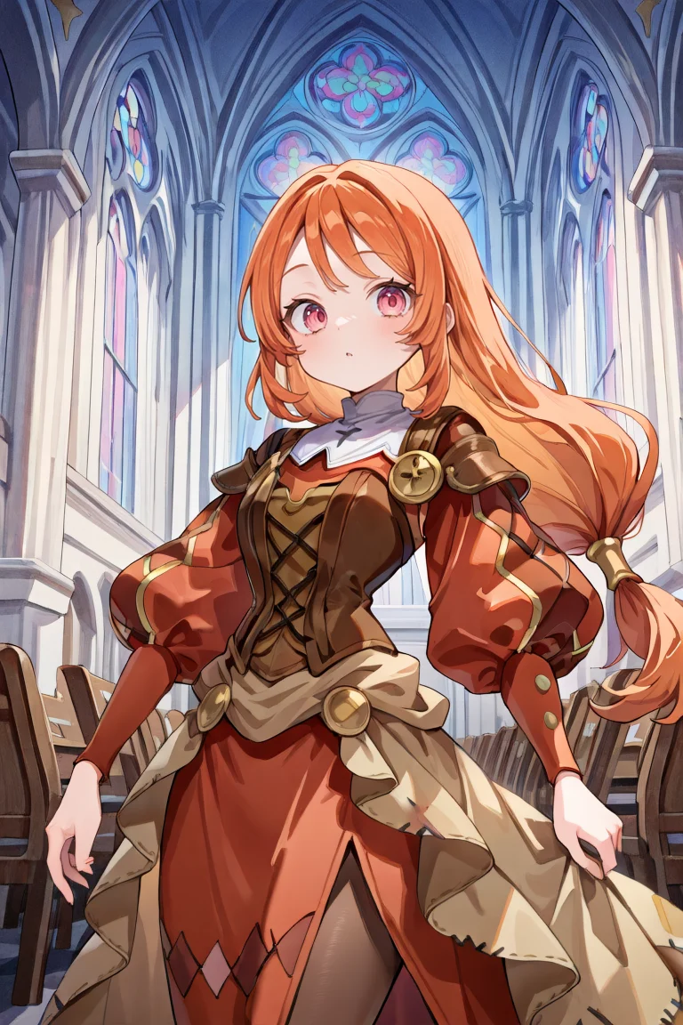 <lora:MonicaIL:0.95> , MoniDef, 1girl, pink eyes, long hair, orange hair, low-tied long hair, juliet sleeves, shoulder pads, patchwork clothes, layered dress, corset, brown corset, long skirt, red skirt, waist cape, beige waist cape, long sleeves, pantyhose, mary janes, black shoes, red sleeves, yellow juliet sleeves, looking at viewer, (cowboy shot), church, interior, nun, cathedral, masterpiece, very aesthetic, absurdres, best quality, amazing quality, high resolution, detailed background, <lora:illustrious_quality_modifiers_masterpieces_v1:0.8> , <lora:ChamIllustriousBackgroundEnhancer:0.5>,