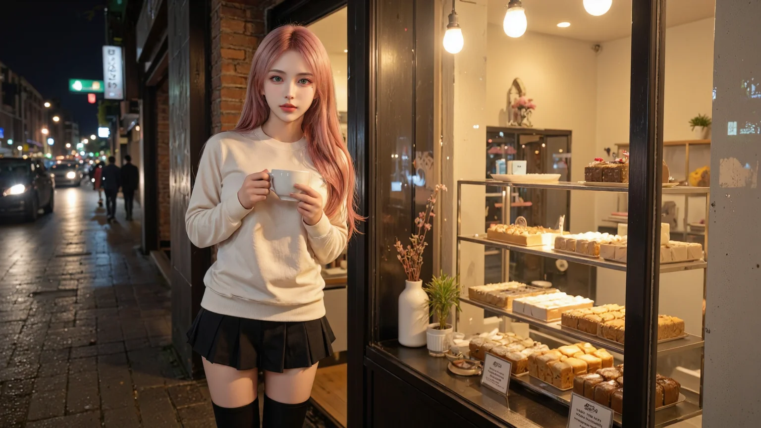 A stylish 20-year-old girl with pink long hair and bright green eyes stands at the entrance of a bakery on a cool winter night,dressed in a cream-colored sweater,a black pleated miniskirt,and elegant black knee-high boots. She holds a steaming cup of coffee,The city lights in the background shimmer,reflecting off the slightly frosted bakery window. Inside,warm yellow lighting highlights an array of cakes and pastries. A contrast of warm and cool tones creates a cozy winter night atmosphere. Realistic photography style,cinematic lighting,bokeh background,high dynamic range.,<lora:yuukananri-base-02-flux:0.9>,yuukananri,she has a slender physique and a petite build,