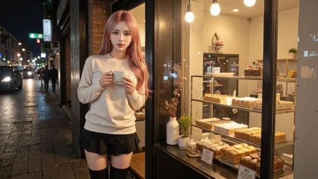 A stylish 20-year-old girl with pink long hair and bright green eyes stands at the entrance of a bakery on a cool winter night,dressed in a cream-colored sweater,a black pleated miniskirt,and elegant black knee-high boots. She holds a steaming cup of coffee,The city lights in the background shimmer,reflecting off the slightly frosted bakery window. Inside,warm yellow lighting highlights an array of cakes and pastries. A contrast of warm and cool tones creates a cozy winter night atmosphere. Realistic photography style,cinematic lighting,bokeh background,high dynamic range.,<lora:yuukananri-base-02-flux:0.9>,yuukananri,she has a slender physique and a petite build,