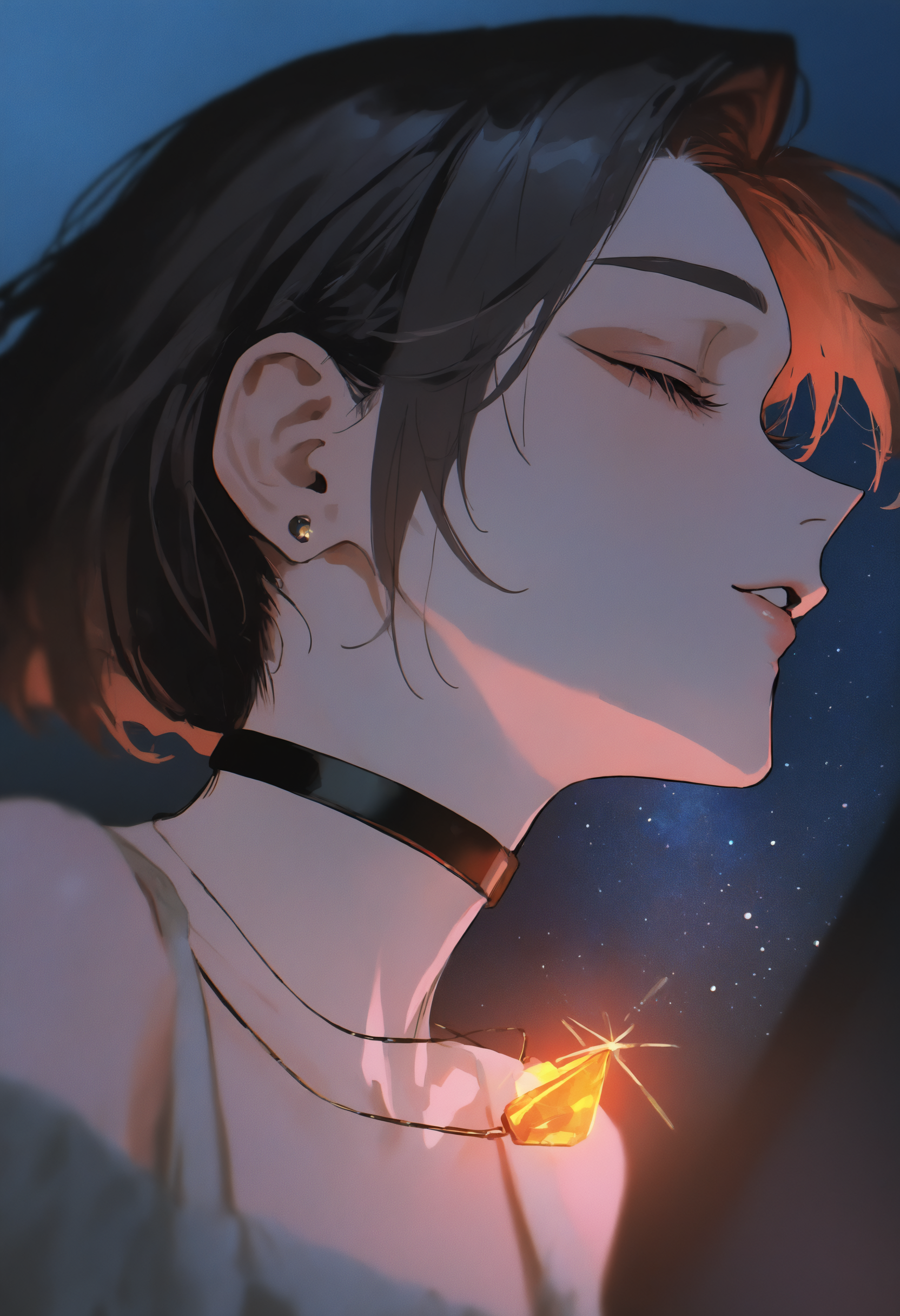 masterpiece, best quality, newest, absurdres, highres, very awa, anime screencap, film grain, painting \(medium\), ambient occlusion, depth of field, simple background, bXVrd, 1girl, solo, jewelry, earrings, choker, closed eyes, floating hair, artist name, collarbone, portrait, glowing, star \(sky\), eyelashes, stud earrings, bare shoulders, closed mouth, necklace, starry sky, short hair, profile, parted lips, moon