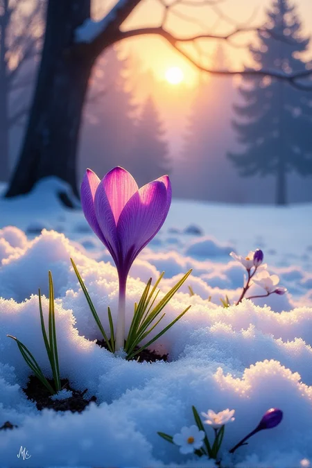 Picture a delicate purple crocus flower pushing through a blanket of glistening snow in a serene open field. The scene is illuminated by the soft glow of twilight, with light cascading in hues of gold and lavender. In the distance, a mystical forest stands shrouded in gentle mist, its towering trees adorned with a faint shimmer of frost. The composition, rendered as a detailed oil painting, captures the quiet magic of natureâs resilience and the promise of spring.âââ