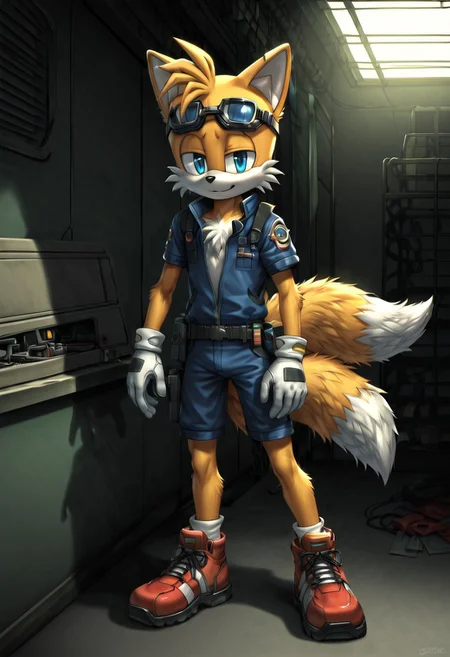 zPDXL3,RE_Engine,score_9_up,score_8_up,score_7_up,detailed,(best quality:1.2),digital media \(artwork\), BREAK, solo,best quality, 1boy, solo male, furry, TailsXL, Tails (sonic the hedgehpg series), blue eyes, gloves, 1boy, bangs, yellow body, yellow fur, blue eyes, dipstick tail, fox, fox ears, fox tail, two tails:1.5,
mechanic uniform, goggles, eyewear on head, repairing aircraft, garage, cyberpunk setting, dynamic lighting, full body