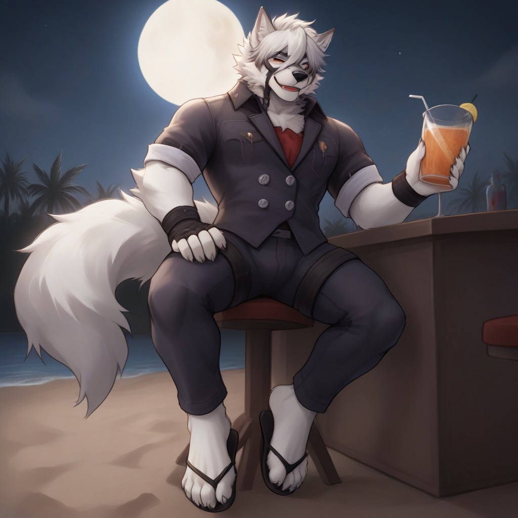 (((Barefoot furry character, full body, cinematic setting, furry male, plantigrade))) 
(((front view from below))) on Von Lycaon, muscular white wolf, in a (((yellow Hawaiian shirt))) with green or purple pattern, wearing long blue pants, goth accessories on outfit, nice feet paws with four toes and claws, feet towards the viewer, feet POV, (((brown flip-flops))), (((shoeplay))), (((his feet playing with flip-flops))), dynamic pose, smile, drinks whiskey, drunk, sleepy, on beach, near beach bar, (((night))), (((outdoors))), focus on feet paws, 
BREAK, intricate details, highly detailed, extreme detail, octane render, fine art, best quality, highres, (detailed face:1.5), ((full_body)), UHD, (((perfect hands))), low light, anime