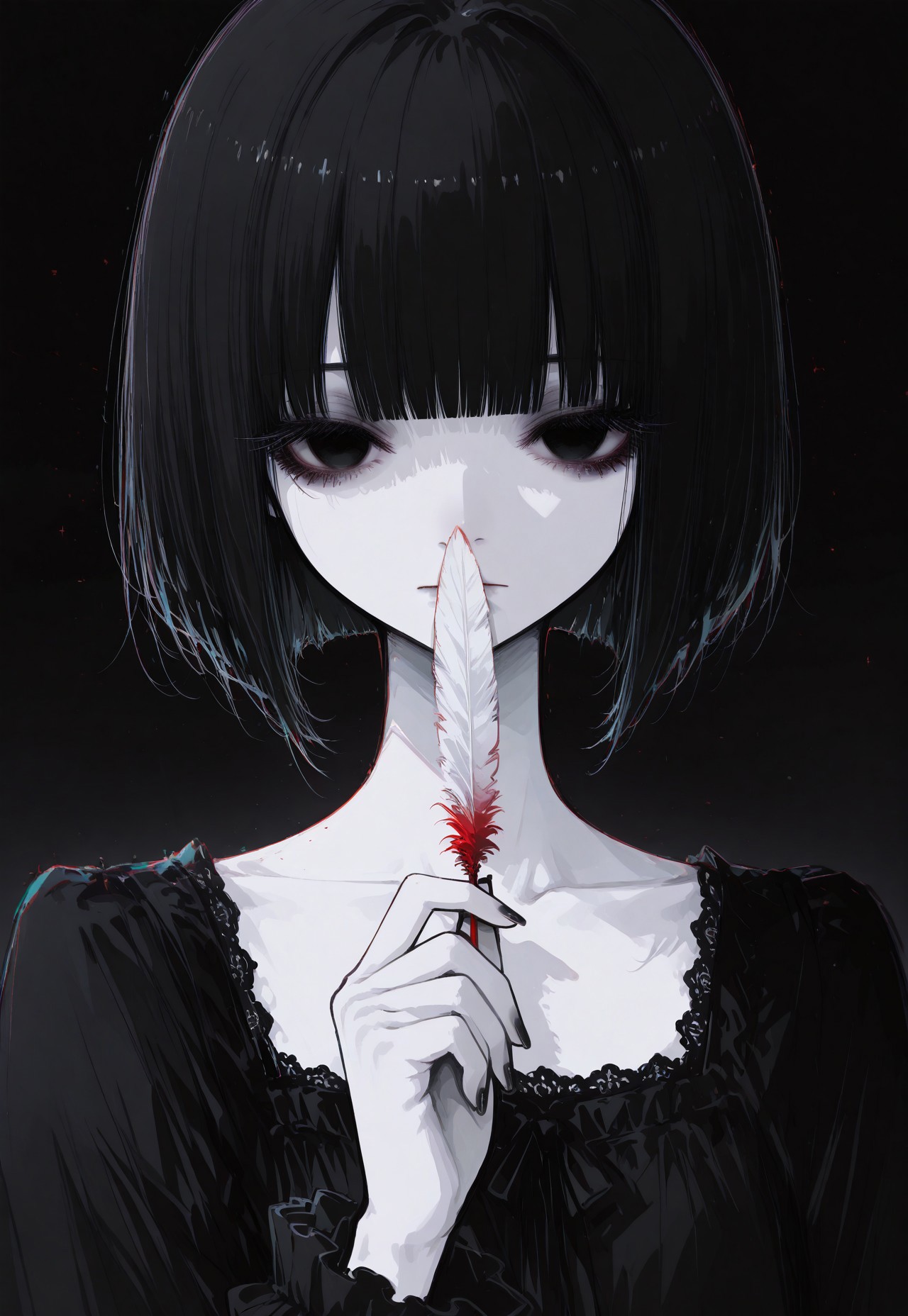 masterpiece,  best quality, good quality, very awa,  very aesthetic, absurdres, newest, oc-chan_(ketopon), 1girl, solo, black hair, bob cut, bangs, black eyes, solid eyes, detailed eyes, glooming eyes, eyelashes, makeup, expressionless, looking at viewer, pale skin, black nail polish, frilled dress, high collard,lace trim, collarbone, holding feather, covering mouth and nose with red feather, black gradient background, dark theme,chromatic aberration, backlighting, straight on, close up, face portrait, limited palette, no lineart, no outline,painterly, minimalism, blending, flat color, 15546+456868, r17329_illu,