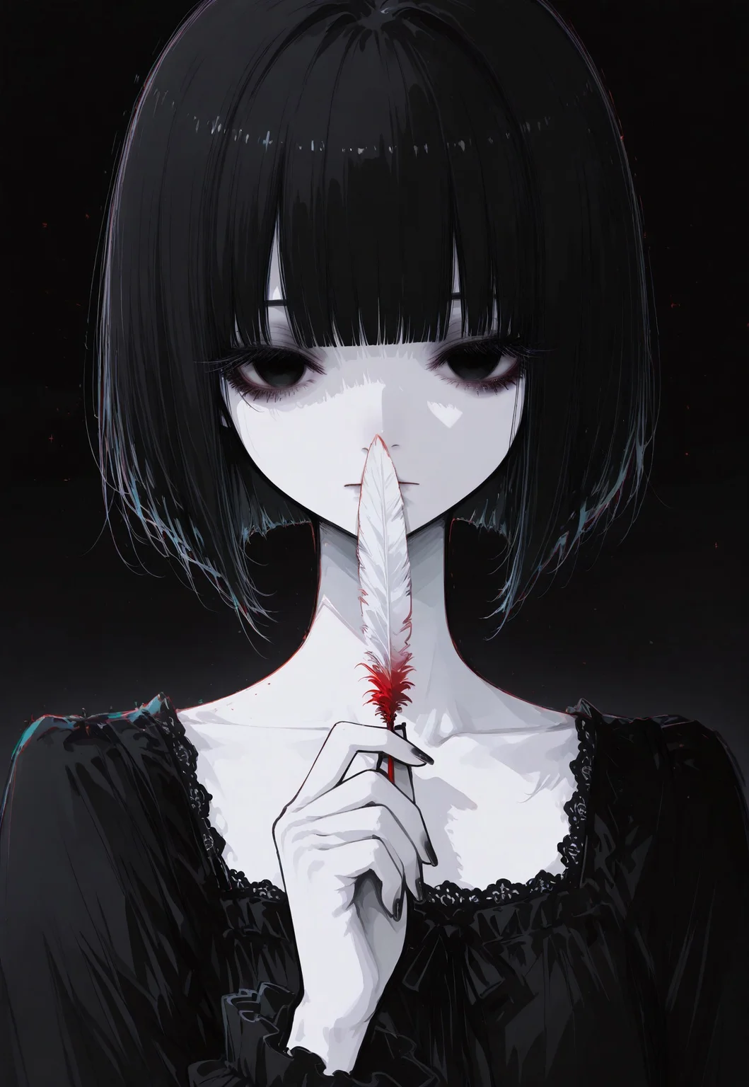 masterpiece, best quality, good quality, very awa, very aesthetic, absurdres, newest, oc-chan_(ketopon), 1girl, solo, black hair, bob cut, bangs, black eyes, solid eyes, detailed eyes, glooming eyes, eyelashes, makeup, expressionless, looking at viewer, pale skin, black nail polish, frilled dress, high collard,lace trim, collarbone, holding feather, covering mouth and nose with red feather, black gradient background, dark theme,chromatic aberration, backlighting, straight on, close up, face portrait, limited palette, no lineart, no outline,painterly, minimalism, blending, flat color, 15546+456868, r17329_illu,