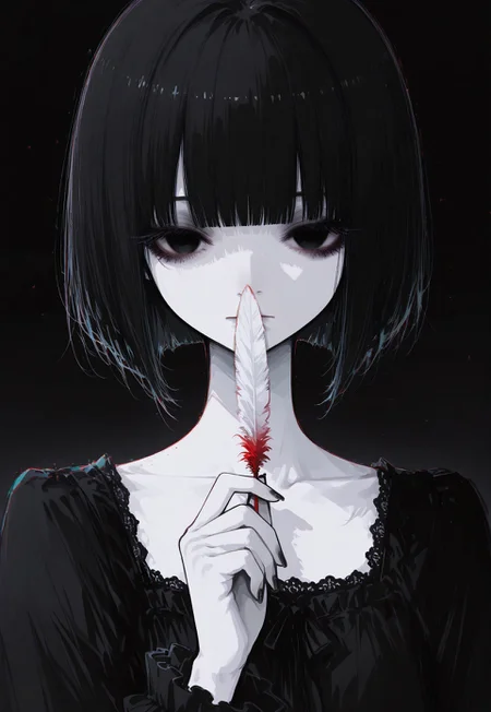 masterpiece,  best quality, good quality, very awa,  very aesthetic, absurdres, newest, oc-chan_(ketopon), 1girl, solo, black hair, bob cut, bangs, black eyes, solid eyes, detailed eyes, glooming eyes, eyelashes, makeup, expressionless, looking at viewer, pale skin, black nail polish, frilled dress, high collard,lace trim, collarbone, holding feather, covering mouth and nose with red feather, black gradient background, dark theme,chromatic aberration, backlighting, straight on, close up, face portrait, limited palette, no lineart, no outline,painterly, minimalism, blending, flat color, 15546+456868, r17329_illu,