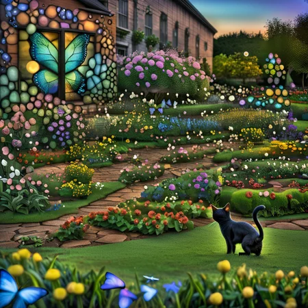 cat, garden, flowers, butterfly, dusk