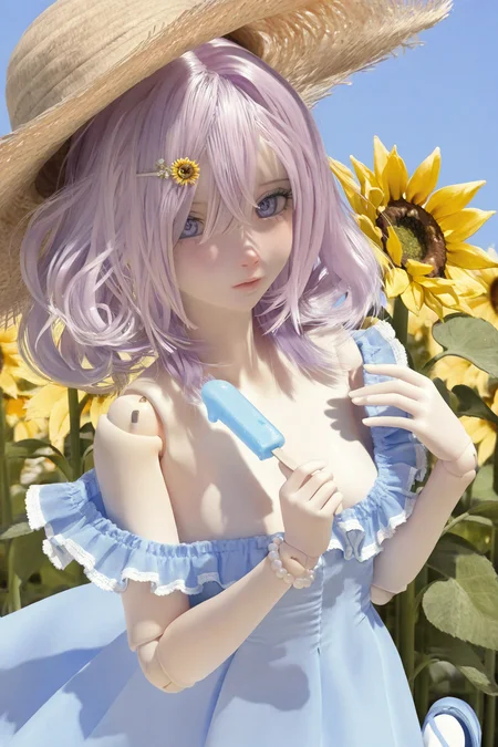 highres,absurdres,Visual impact,masterpiece,best quality,very aesthetic,newest,amazing quality,very awa,
doll joints,joints,<lora:DOLL-Style:0.8>,
\\,
(close-up:1.3),Focus on the face,looking at viewer,upper body,1girl,solo,curly hair,purple eyes,blue eyes,medium hair,hair over one eye,straw hat,Beige hair,Light purple hair,yellow hairpin,exposing shoulders,sky blue sundress,frilled dress,sky blue sandal,white pantyhose,fine fabric emphasis,bead bracelet,Sunflower field,Eat a Popsicle,Adjust cap,standing,