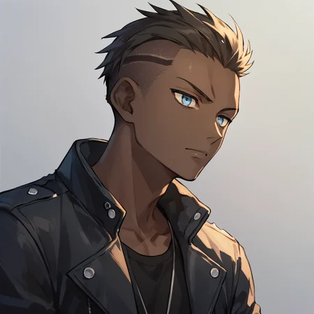 score_9, score_8_up, score_7_up, source_anime , male , solo , skinny man , dark skin , black short mohawk undercut , pale-blue eyes , shirless , jacket, <lora:StS_Skin_Tone_Slider:-2>