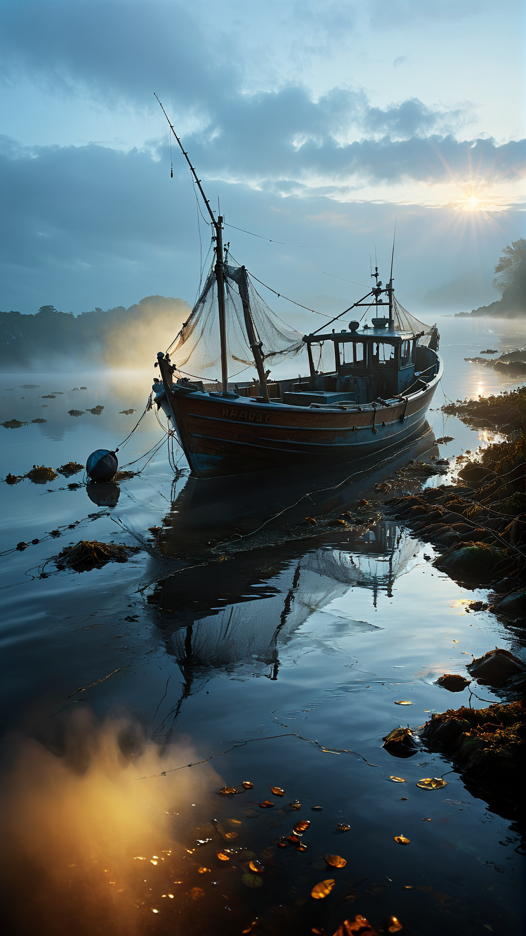 low angel, The misty morning scene depicts a fishing boat gently gliding out onto the water its nets ready for the day's catch. The golden light of dawn casts a warm glow on the boat and its surroundings as the mist slowly lifts and dissipates. The water's surface shimmers with reflections creating a dreamlike atmosphere. The details of the boat rigging and net are expertly rendered adding to the realism of the scene. The colors are rich and vibrant capturing the essence of a peaceful morning on the sea. The overall composition is harmonious and visually pleasing making it an outstanding work of art, <lora:fog_creatures_v4:0.6> <lora:add-detail-xl:0.9> dvr-lnds-sdxl <lora:MJ52:0.5> <lora:zavy-cntrst-sdxl:0.4> <lora:zavy-rmlght-sdxl:0.4>