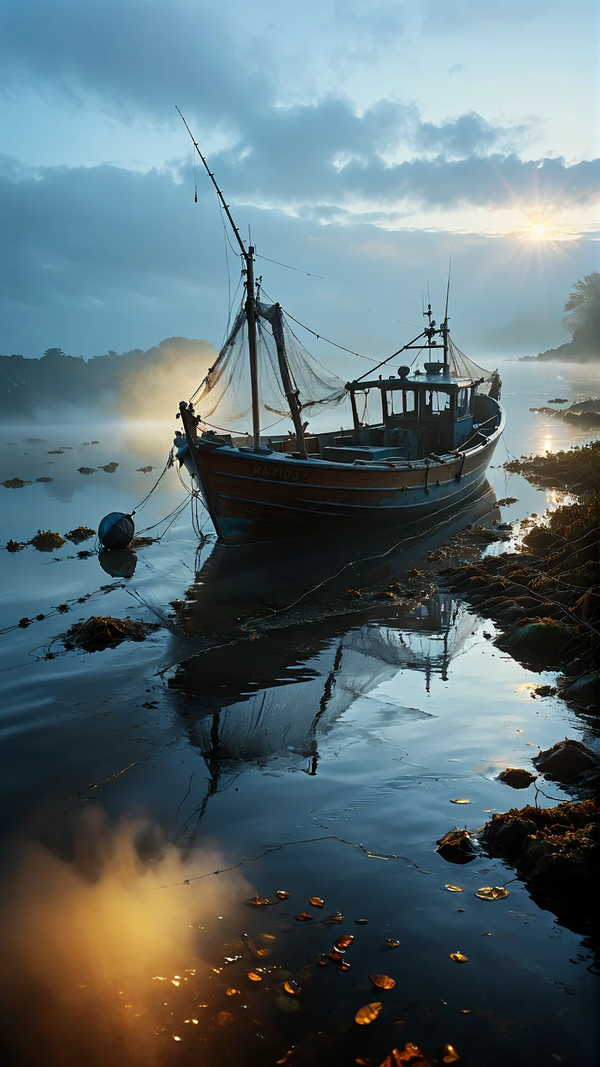 low angel, The misty morning scene depicts a fishing boat gently gliding out onto the water its nets ready for the day's catch. The golden light of dawn casts a warm glow on the boat and its surroundings as the mist slowly lifts and dissipates. The water's surface shimmers with reflections creating a dreamlike atmosphere. The details of the boat rigging and net are expertly rendered adding to the realism of the scene. The colors are rich and vibrant capturing the essence of a peaceful morning on the sea. The overall composition is harmonious and visually pleasing making it an outstanding work of art, <lora:fog_creatures_v4:0.6> <lora:add-detail-xl:0.9> dvr-lnds-sdxl <lora:MJ52:0.5> <lora:zavy-cntrst-sdxl:0.4> <lora:zavy-rmlght-sdxl:0.4>